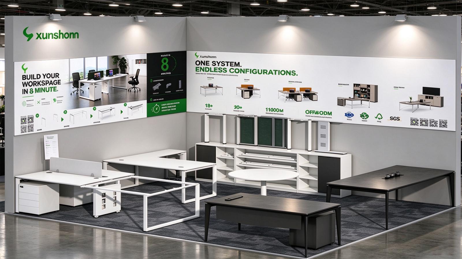 XS Furniture exhibition stand with desks, workstations and coordinated storage