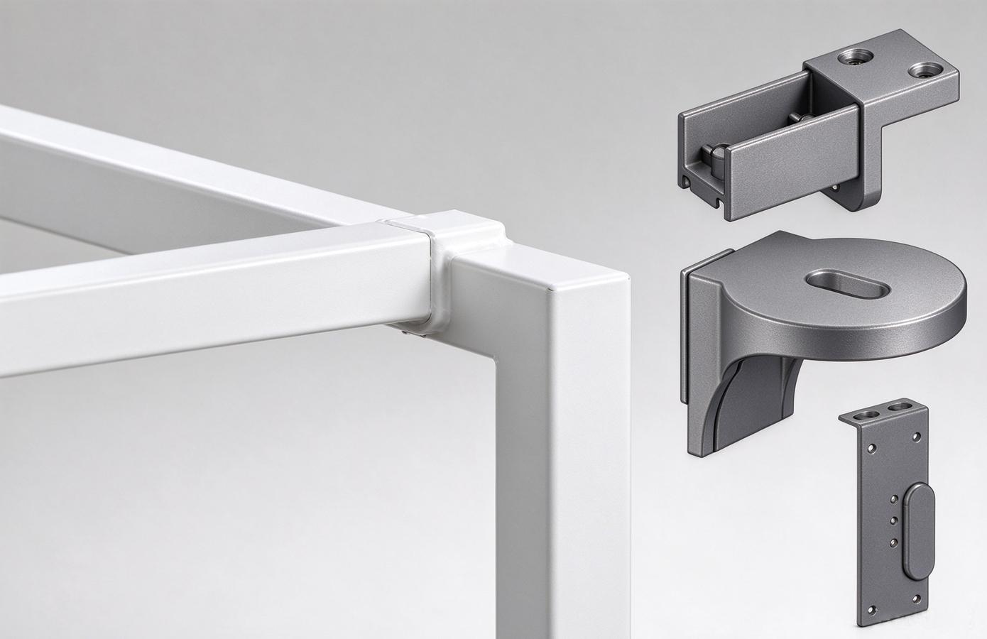 Desk frame connection and an exploded view of its components