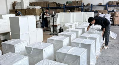 Finished furniture products staged for final product inspection