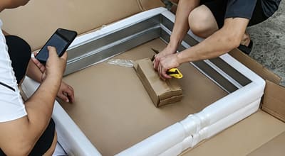 Factory team checking packaging materials before shipment