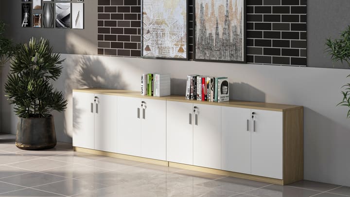 White double-door office storage cabinets