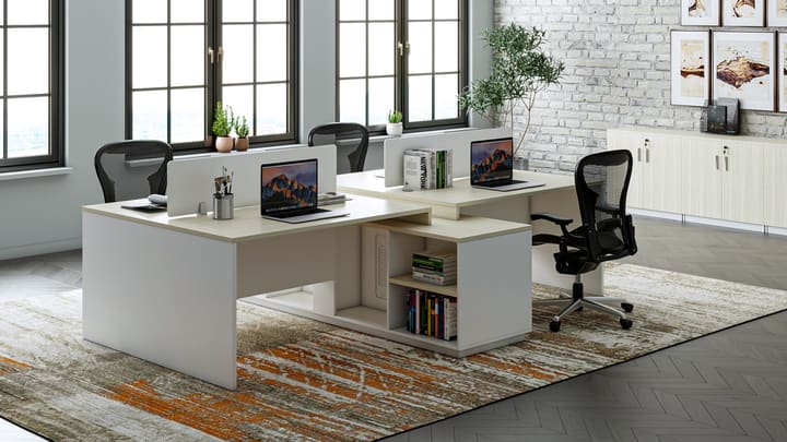 Two-person bench workstation with integrated storage