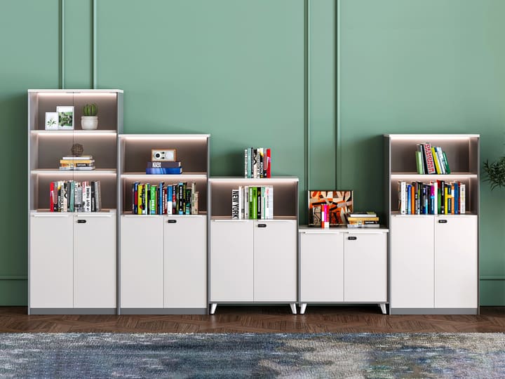 Modular office storage cabinets with open shelves and integrated lighting