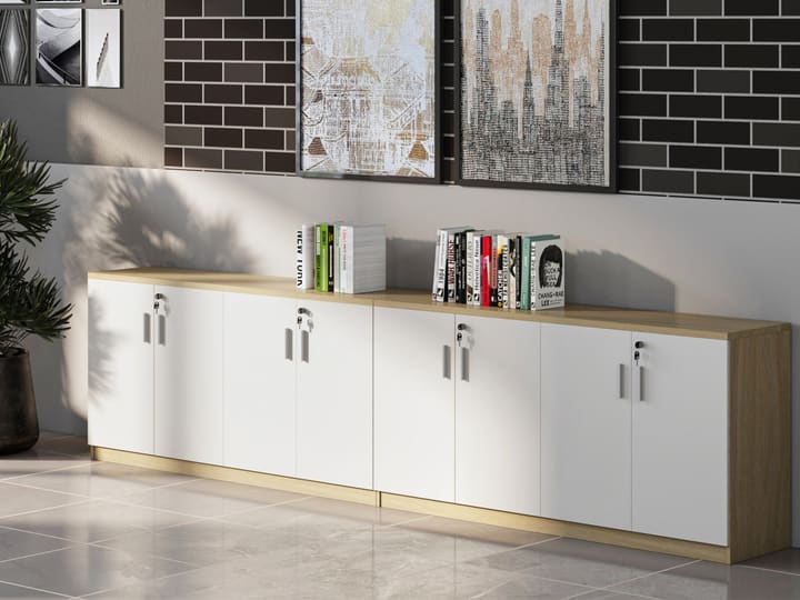 White double-door office storage cabinets