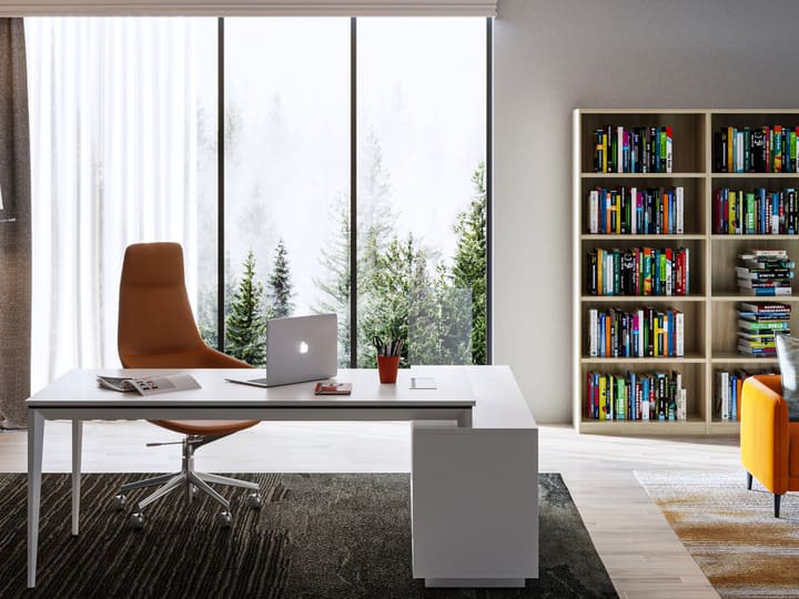 Executive office desk with matching side cabinet and full-height storage