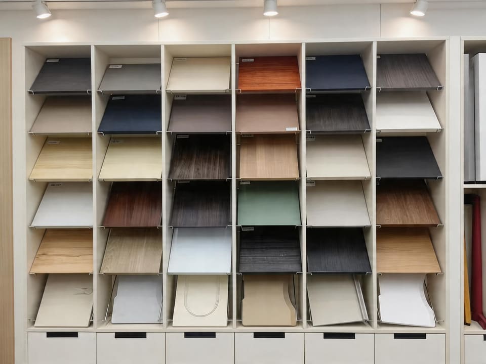 Furniture finish samples displayed at the factory