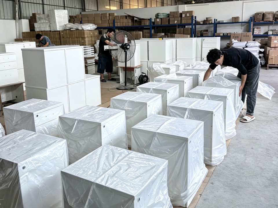 Office furniture protected for packing and order staging inside the factory