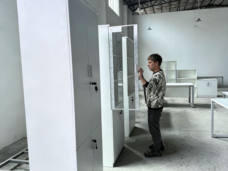 Assembled office cabinet checked in the factory